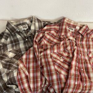 Lot of 2 ELY CATTLEMAN  Western Pearl Snap Shirt Plaid Brown & Red Men's XL